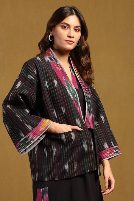 Shop_Ritu Kumar_Black Cotton Yarn Dyed Ikkat Embroidery Stitchline Shawl Pattern And Jacket _Online_at_Aza_Fashions