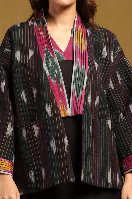 Ritu Kumar_Black Cotton Yarn Dyed Ikkat Embroidery Stitchline Shawl Pattern And Jacket _at_Aza_Fashions