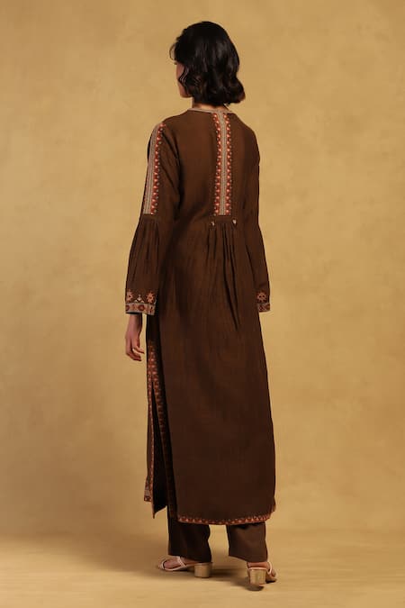 Shop Ritu Kumar Brown Cotton, Silk, Rayon Embroidery Kyesha Thread Placket Kurta And Pant Set at Aza Fashions Shop_Ritu Kumar_Brown Cotton, Silk, Rayon Embroidery Kyesha Thread Placket Kurta And Pant Set _at_Aza_Fashions