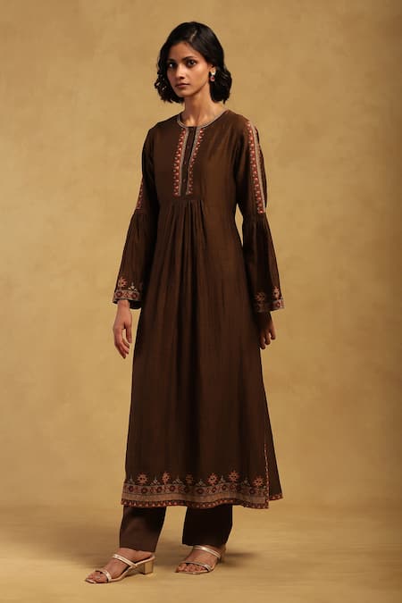 Ritu Kumar Brown Cotton, Silk, Rayon Embroidery Kyesha Thread Placket Kurta And Pant Set Online at Aza Fashions Ritu Kumar_Brown Cotton, Silk, Rayon Embroidery Kyesha Thread Placket Kurta And Pant Set _Online_at_Aza_Fashions