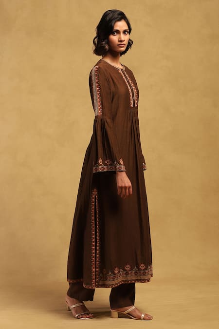 Buy Ritu Kumar Brown Cotton, Silk, Rayon Embroidery Kyesha Thread Placket Kurta And Pant Set Online at Aza Fashions Buy_Ritu Kumar_Brown Cotton, Silk, Rayon Embroidery Kyesha Thread Placket Kurta And Pant Set _Online_at_Aza_Fashions