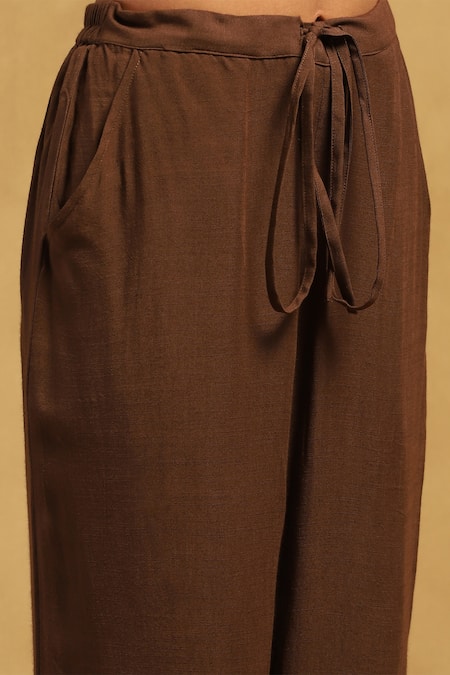 Ritu Kumar Brown Cotton, Silk, Rayon Embroidery Kyesha Thread Placket Kurta And Pant Set at Aza Fashions Ritu Kumar_Brown Cotton, Silk, Rayon Embroidery Kyesha Thread Placket Kurta And Pant Set _at_Aza_Fashions