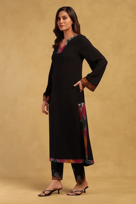 Ritu Kumar_Black Rayon, Cotton Split V-neck Ikat Neckline Woven Kurta And Pant Set_Online_at_Aza_Fashions