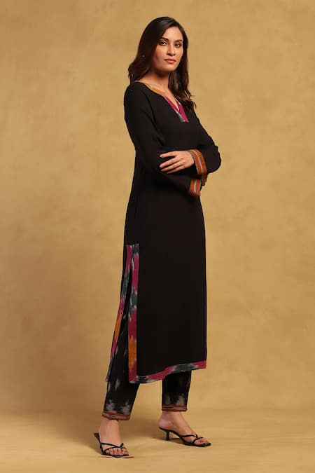 Buy_Ritu Kumar_Black Rayon, Cotton Split V-neck Ikat Neckline Woven Kurta And Pant Set_Online_at_Aza_Fashions