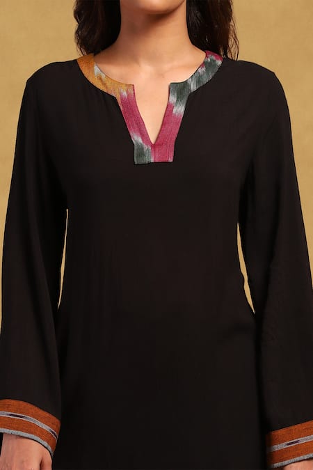 Shop_Ritu Kumar_Black Rayon, Cotton Split V-neck Ikat Neckline Woven Kurta And Pant Set_Online_at_Aza_Fashions