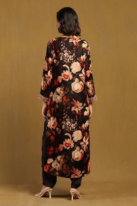 Shop Ritu Kumar Black Silk, Velvet, Satin Embroidery, Genevieve Floral Print Kurta And Pant Set at Aza Fashions Shop_Ritu Kumar_Black Silk, Velvet, Satin Embroidery, Genevieve Floral Print Kurta And Pant Set _at_Aza_Fashions