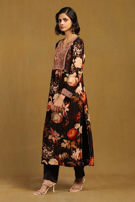 Ritu Kumar Black Silk, Velvet, Satin Embroidery, Genevieve Floral Print Kurta And Pant Set Online at Aza Fashions Ritu Kumar_Black Silk, Velvet, Satin Embroidery, Genevieve Floral Print Kurta And Pant Set _Online_at_Aza_Fashions