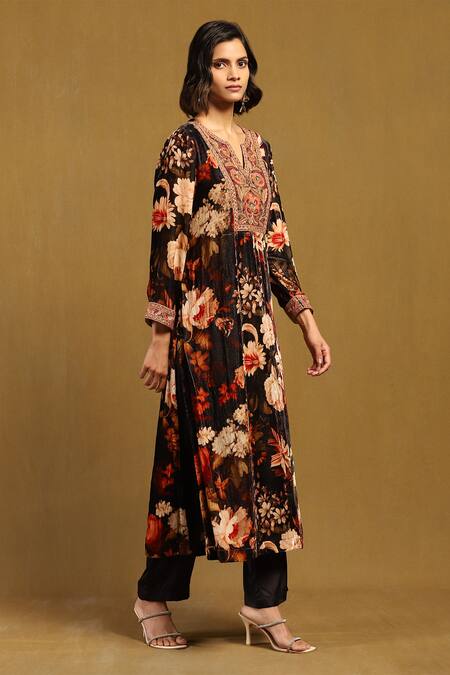Buy Ritu Kumar Black Silk, Velvet, Satin Embroidery, Genevieve Floral Print Kurta And Pant Set Online at Aza Fashions Buy_Ritu Kumar_Black Silk, Velvet, Satin Embroidery, Genevieve Floral Print Kurta And Pant Set _Online_at_Aza_Fashions