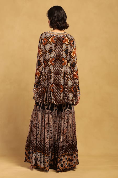 Shop Ritu Kumar Brown Viscose, Chiffon Mirrors, Meraki Geometric Print Kurta And Sharara Set at Aza Fashions Shop_Ritu Kumar_Brown Viscose, Chiffon Mirrors, Meraki Geometric Print Kurta And Sharara Set _at_Aza_Fashions