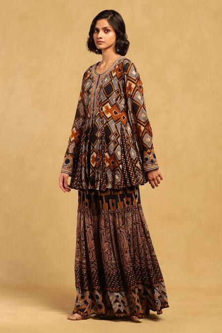 Ritu Kumar Brown Viscose, Chiffon Mirrors, Meraki Geometric Print Kurta And Sharara Set Online at Aza Fashions Ritu Kumar_Brown Viscose, Chiffon Mirrors, Meraki Geometric Print Kurta And Sharara Set _Online_at_Aza_Fashions