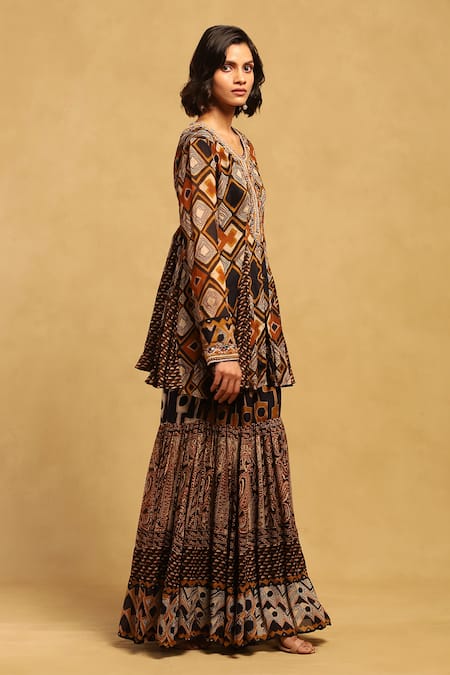Buy Ritu Kumar Brown Viscose, Chiffon Mirrors, Meraki Geometric Print Kurta And Sharara Set Online at Aza Fashions Buy_Ritu Kumar_Brown Viscose, Chiffon Mirrors, Meraki Geometric Print Kurta And Sharara Set _Online_at_Aza_Fashions