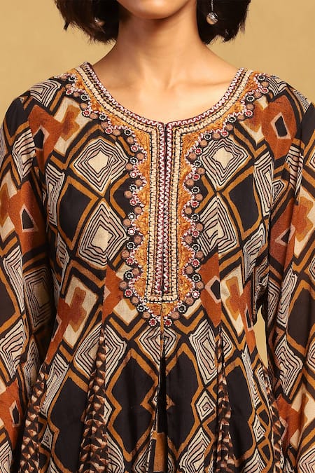 Shop Ritu Kumar Brown Viscose, Chiffon Mirrors, Meraki Geometric Print Kurta And Sharara Set Online at Aza Fashions Shop_Ritu Kumar_Brown Viscose, Chiffon Mirrors, Meraki Geometric Print Kurta And Sharara Set _Online_at_Aza_Fashions