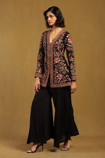 Ritu Kumar_Black Viscose, Chiffon Beads, Sequins, Velentine Floral Kurta And Sharara Set _Online_at_Aza_Fashions