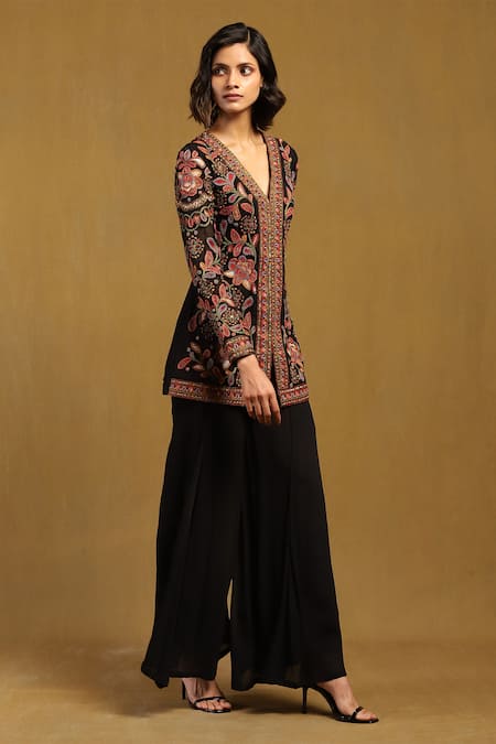 Buy_Ritu Kumar_Black Viscose, Chiffon Beads, Sequins, Velentine Floral Kurta And Sharara Set _Online_at_Aza_Fashions