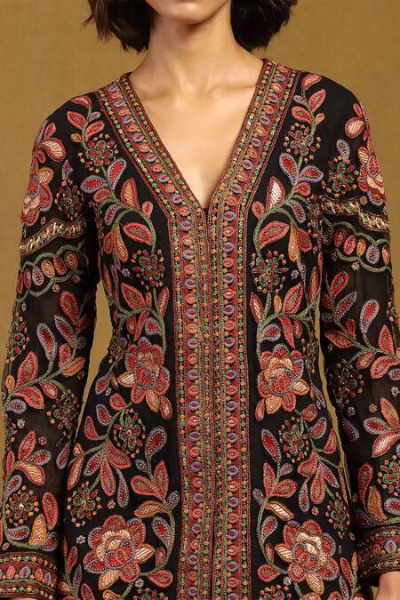 Ritu Kumar_Black Viscose, Chiffon Beads, Sequins, Velentine Floral Kurta And Sharara Set _at_Aza_Fashions