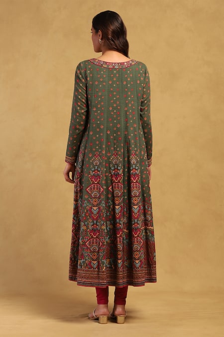 Shop Ritu Kumar Green Cotton, Viscose, Lycra Embroidery, Gopuram Geometric Print Kurta Set at Aza Fashions Shop_Ritu Kumar_Green Cotton, Viscose, Lycra Embroidery, Gopuram Geometric Print Kurta Set _at_Aza_Fashions