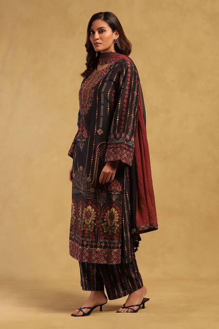 Ritu Kumar Black , Satin Embroidery Round Kiraj Floral Stripe Print Kurta Set Online at Aza Fashions Ritu Kumar_Black , Satin Embroidery Round Kiraj Floral Stripe Print Kurta Set _Online_at_Aza_Fashions