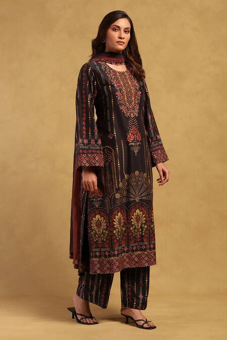 Buy Ritu Kumar Black , Satin Embroidery Round Kiraj Floral Stripe Print Kurta Set Online at Aza Fashions Buy_Ritu Kumar_Black , Satin Embroidery Round Kiraj Floral Stripe Print Kurta Set _Online_at_Aza_Fashions