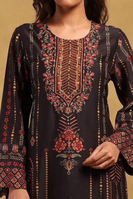 Shop Ritu Kumar Black , Satin Embroidery Round Kiraj Floral Stripe Print Kurta Set Online at Aza Fashions Shop_Ritu Kumar_Black , Satin Embroidery Round Kiraj Floral Stripe Print Kurta Set _Online_at_Aza_Fashions