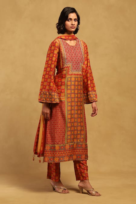 Buy_Ritu Kumar_Red Viscose, Cotton Embroidery Round Neck Phulkari Print Kurta Set _Online_at_Aza_Fashions