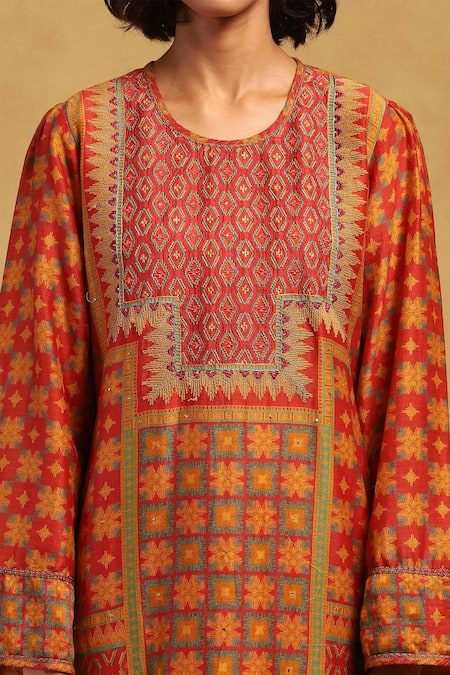 Shop_Ritu Kumar_Red Viscose, Cotton Embroidery Round Neck Phulkari Print Kurta Set _Online_at_Aza_Fashions