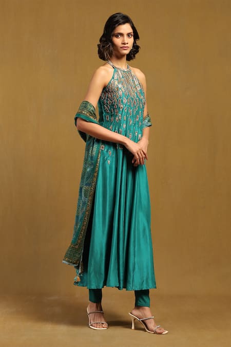 Buy Ritu Kumar Blue Viscose, Chiffon, Polyester, Lycra Sequins, Zari Embroidered Kurta Set Online at Aza Fashions Buy_Ritu Kumar_Blue Viscose, Chiffon, Polyester, Lycra Sequins, Zari Embroidered Kurta Set _Online_at_Aza_Fashions