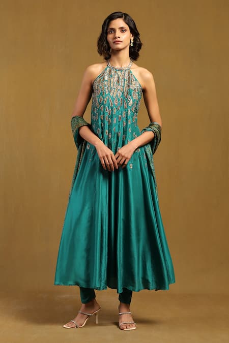 Shop Ritu Kumar Blue Viscose, Chiffon, Polyester, Lycra Sequins, Zari Embroidered Kurta Set Online at Aza Fashions Shop_Ritu Kumar_Blue Viscose, Chiffon, Polyester, Lycra Sequins, Zari Embroidered Kurta Set _Online_at_Aza_Fashions