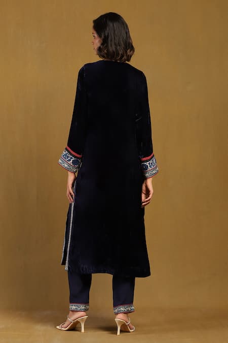 Shop Ritu Kumar Blue Silk, Viscose, Velvet Embroidery, Tassels Split Azra Resham Kurta Set at Aza Fashions Shop_Ritu Kumar_Blue Silk, Viscose, Velvet Embroidery, Tassels Split Azra Resham Kurta Set _at_Aza_Fashions