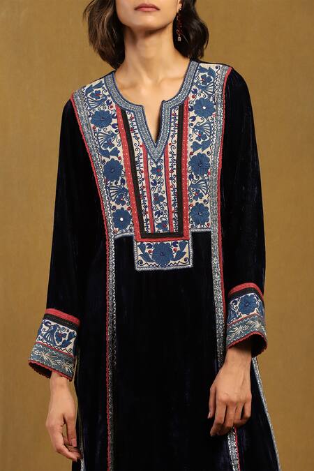 Shop Ritu Kumar Blue Silk, Viscose, Velvet Embroidery, Tassels Split Azra Resham Kurta Set Online at Aza Fashions Shop_Ritu Kumar_Blue Silk, Viscose, Velvet Embroidery, Tassels Split Azra Resham Kurta Set _Online_at_Aza_Fashions