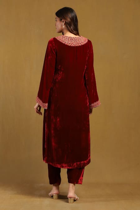 Shop Ritu Kumar Burgundy Silk, Velvet, Viscose, Chiffon Embroidery Pushp Mirror Yoke Kurta Set at Aza Fashions Shop_Ritu Kumar_Burgundy Silk, Velvet, Viscose, Chiffon Embroidery Pushp Mirror Yoke Kurta Set _at_Aza_Fashions