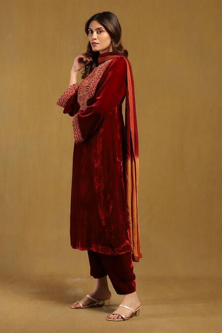 Ritu Kumar Burgundy Silk, Velvet, Viscose, Chiffon Embroidery Pushp Mirror Yoke Kurta Set Online at Aza Fashions Ritu Kumar_Burgundy Silk, Velvet, Viscose, Chiffon Embroidery Pushp Mirror Yoke Kurta Set _Online_at_Aza_Fashions
