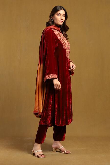 Buy Ritu Kumar Burgundy Silk, Velvet, Viscose, Chiffon Embroidery Pushp Mirror Yoke Kurta Set Online at Aza Fashions Buy_Ritu Kumar_Burgundy Silk, Velvet, Viscose, Chiffon Embroidery Pushp Mirror Yoke Kurta Set _Online_at_Aza_Fashions