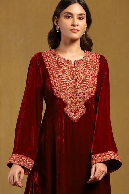 Shop Ritu Kumar Burgundy Silk, Velvet, Viscose, Chiffon Embroidery Pushp Mirror Yoke Kurta Set Online at Aza Fashions Shop_Ritu Kumar_Burgundy Silk, Velvet, Viscose, Chiffon Embroidery Pushp Mirror Yoke Kurta Set _Online_at_Aza_Fashions