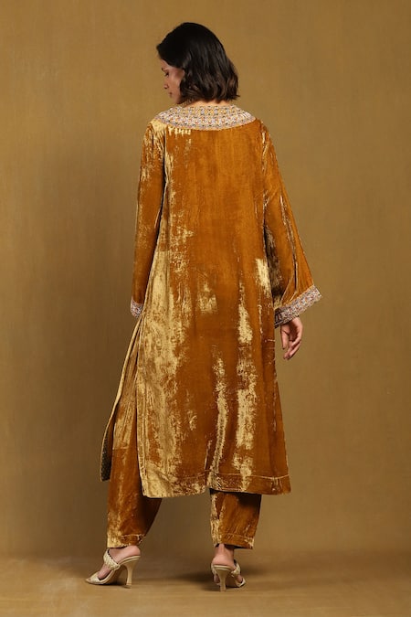 Shop Ritu Kumar Yellow Silk, Velvet, Viscose, Chiffon Embroidery Pushp Bead Yoke Kurta Set at Aza Fashions Shop_Ritu Kumar_Yellow Silk, Velvet, Viscose, Chiffon Embroidery Pushp Bead Yoke Kurta Set _at_Aza_Fashions