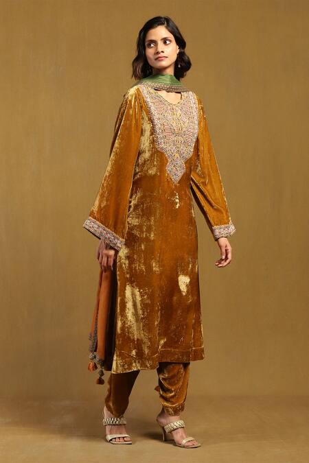 Buy Ritu Kumar Yellow Silk, Velvet, Viscose, Chiffon Embroidery Pushp Bead Yoke Kurta Set Online at Aza Fashions Buy_Ritu Kumar_Yellow Silk, Velvet, Viscose, Chiffon Embroidery Pushp Bead Yoke Kurta Set _Online_at_Aza_Fashions