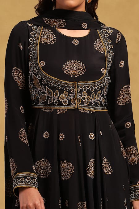 Shop Ritu Kumar Black Viscose Embroidery, Beads Round Neck Madhura Floral Print Anarkali Set Online at Aza Fashions Shop_Ritu Kumar_Black Viscose Embroidery, Beads Round Neck Madhura Floral Print Anarkali Set _Online_at_Aza_Fashions