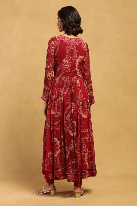 Shop Ritu Kumar Red Viscose Sequins, Embroidery, Tassels Fatema Botanical Print Anarkali Set at Aza Fashions Shop_Ritu Kumar_Red Viscose Sequins, Embroidery, Tassels Fatema Botanical Print Anarkali Set _at_Aza_Fashions