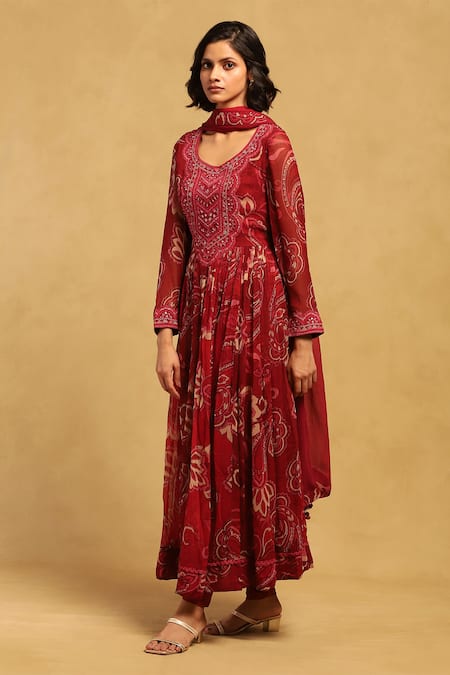 Ritu Kumar Red Viscose Sequins, Embroidery, Tassels Fatema Botanical Print Anarkali Set Online at Aza Fashions Ritu Kumar_Red Viscose Sequins, Embroidery, Tassels Fatema Botanical Print Anarkali Set _Online_at_Aza_Fashions