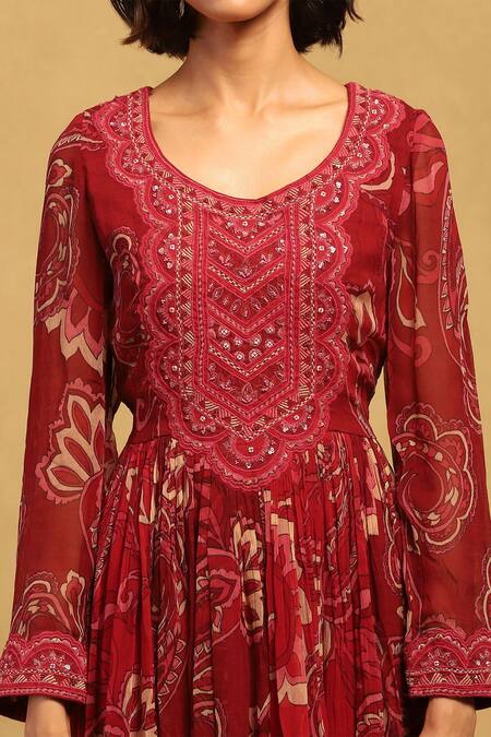 Shop Ritu Kumar Red Viscose Sequins, Embroidery, Tassels Fatema Botanical Print Anarkali Set Online at Aza Fashions Shop_Ritu Kumar_Red Viscose Sequins, Embroidery, Tassels Fatema Botanical Print Anarkali Set _Online_at_Aza_Fashions