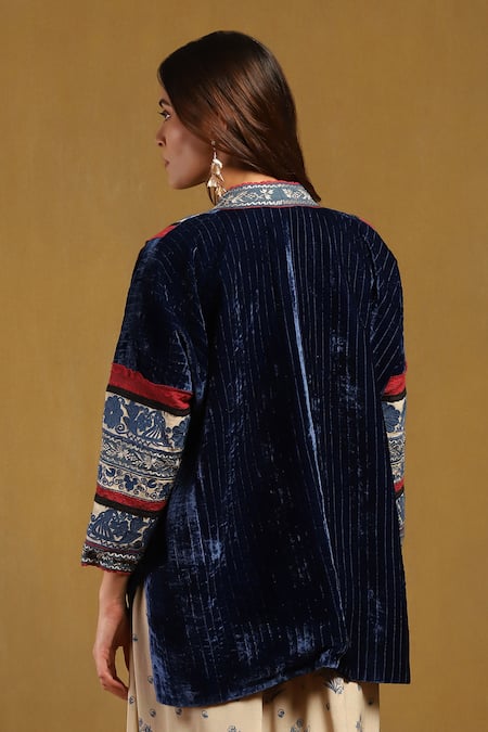 Shop Ritu Kumar Blue Silk Velvet Open Azra Jacket at Aza Fashions Shop_Ritu Kumar_Blue Silk Velvet Open Azra Jacket _at_Aza_Fashions