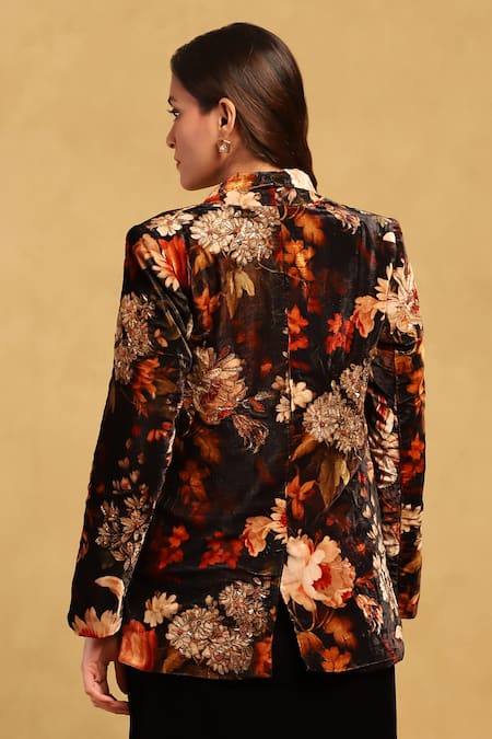 Shop Ritu Kumar Black Silk Velvet Lapel Collar Genevieve Floral Pattern Jacket at Aza Fashions Shop_Ritu Kumar_Black Silk Velvet Lapel Collar Genevieve Floral Pattern Jacket _at_Aza_Fashions
