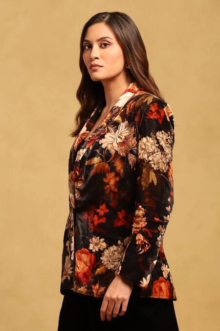 Ritu Kumar Black Silk Velvet Lapel Collar Genevieve Floral Pattern Jacket Online at Aza Fashions Ritu Kumar_Black Silk Velvet Lapel Collar Genevieve Floral Pattern Jacket _Online_at_Aza_Fashions