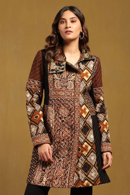 Ritu Kumar_Brown Viscose Crepe Embroidered Thread Collared Meraki Quilted Jacket _Online_at_Aza_Fashions