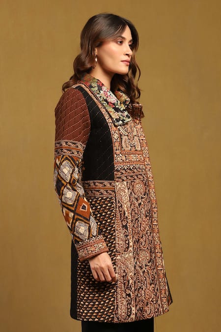 Shop_Ritu Kumar_Brown Viscose Crepe Embroidered Thread Collared Meraki Quilted Jacket _Online_at_Aza_Fashions