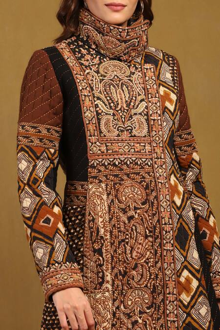 Ritu Kumar_Brown Viscose Crepe Embroidered Thread Collared Meraki Quilted Jacket _at_Aza_Fashions