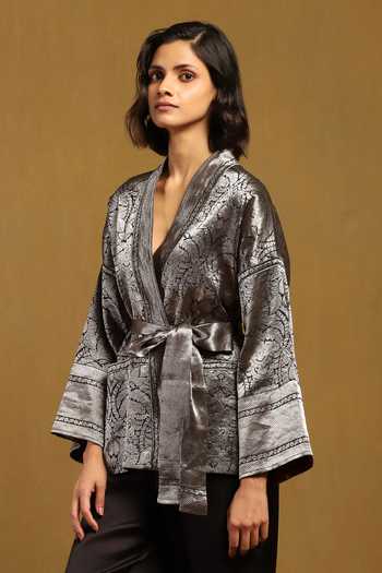 Ritu Kumar_Black Silk V Neck Pushp Floral Pattern Jacket_Online_at_Aza_Fashions