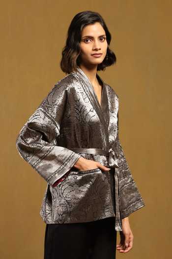 Buy_Ritu Kumar_Black Silk V Neck Pushp Floral Pattern Jacket_Online_at_Aza_Fashions