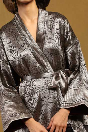 Shop_Ritu Kumar_Black Silk V Neck Pushp Floral Pattern Jacket_Online_at_Aza_Fashions