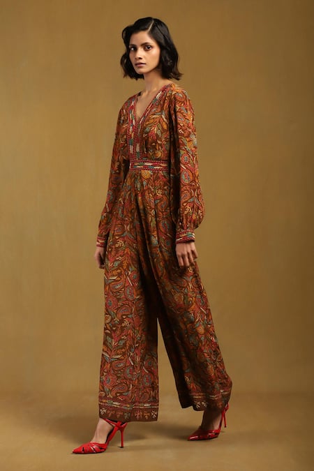 Ritu Kumar_Brown Viscose Embroidery V-neck Sophie Floral Pattern Jumpsuit _Online_at_Aza_Fashions