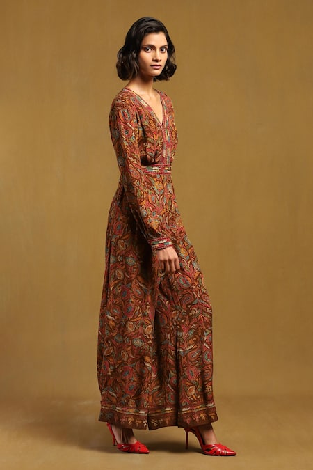 Buy_Ritu Kumar_Brown Viscose Embroidery V-neck Sophie Floral Pattern Jumpsuit _Online_at_Aza_Fashions